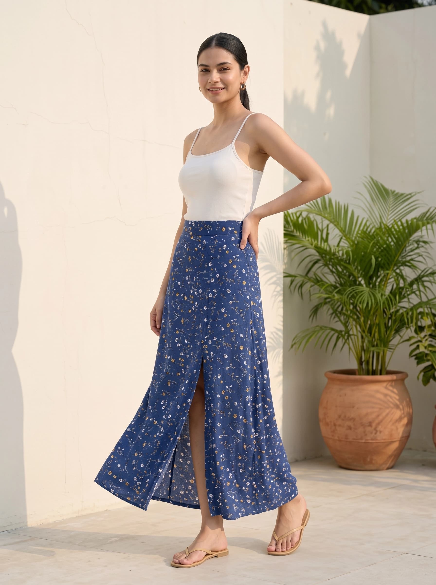 Breeze & Blossoms High-Slit Maxi Skirt in Blue