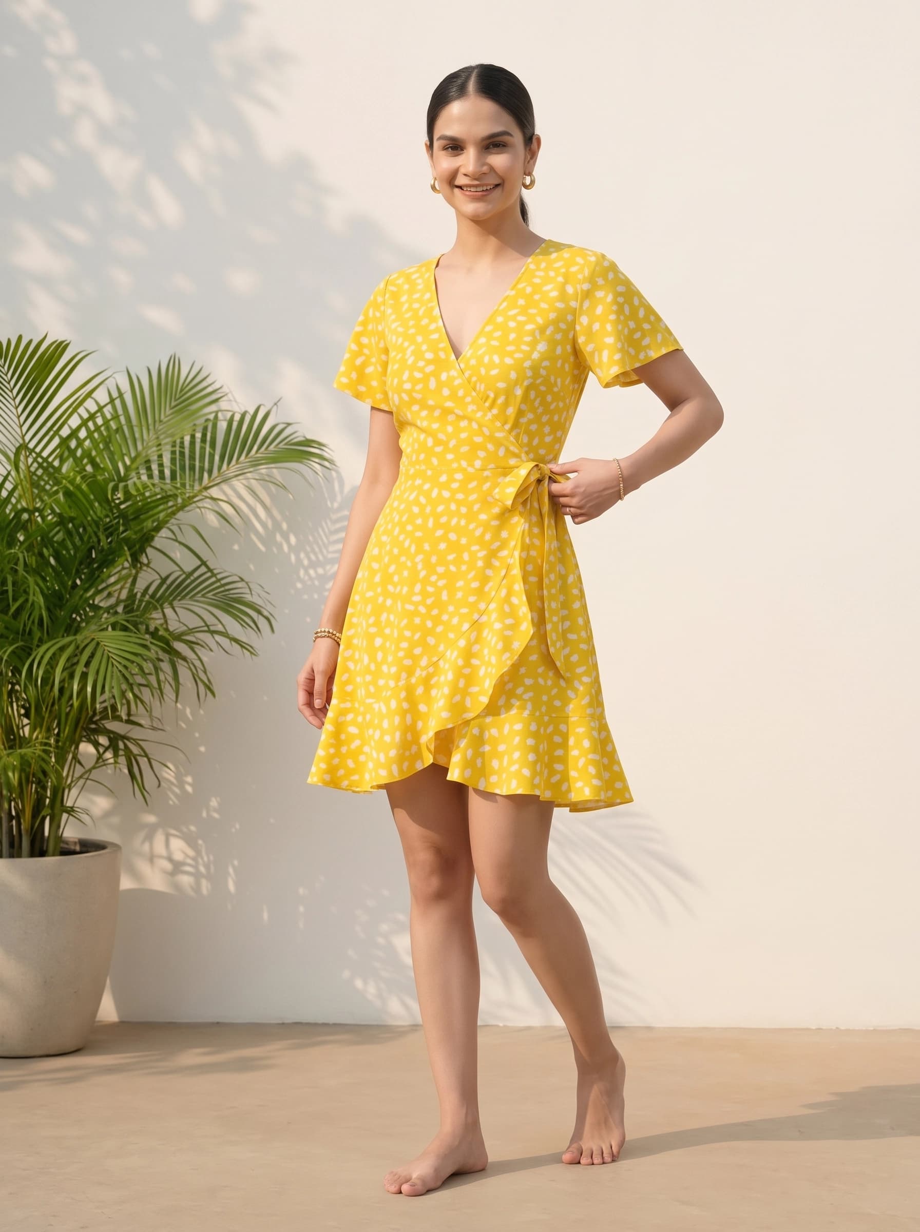 Sunshine Ruffle Wrap Dress in Yellow Polka Dot